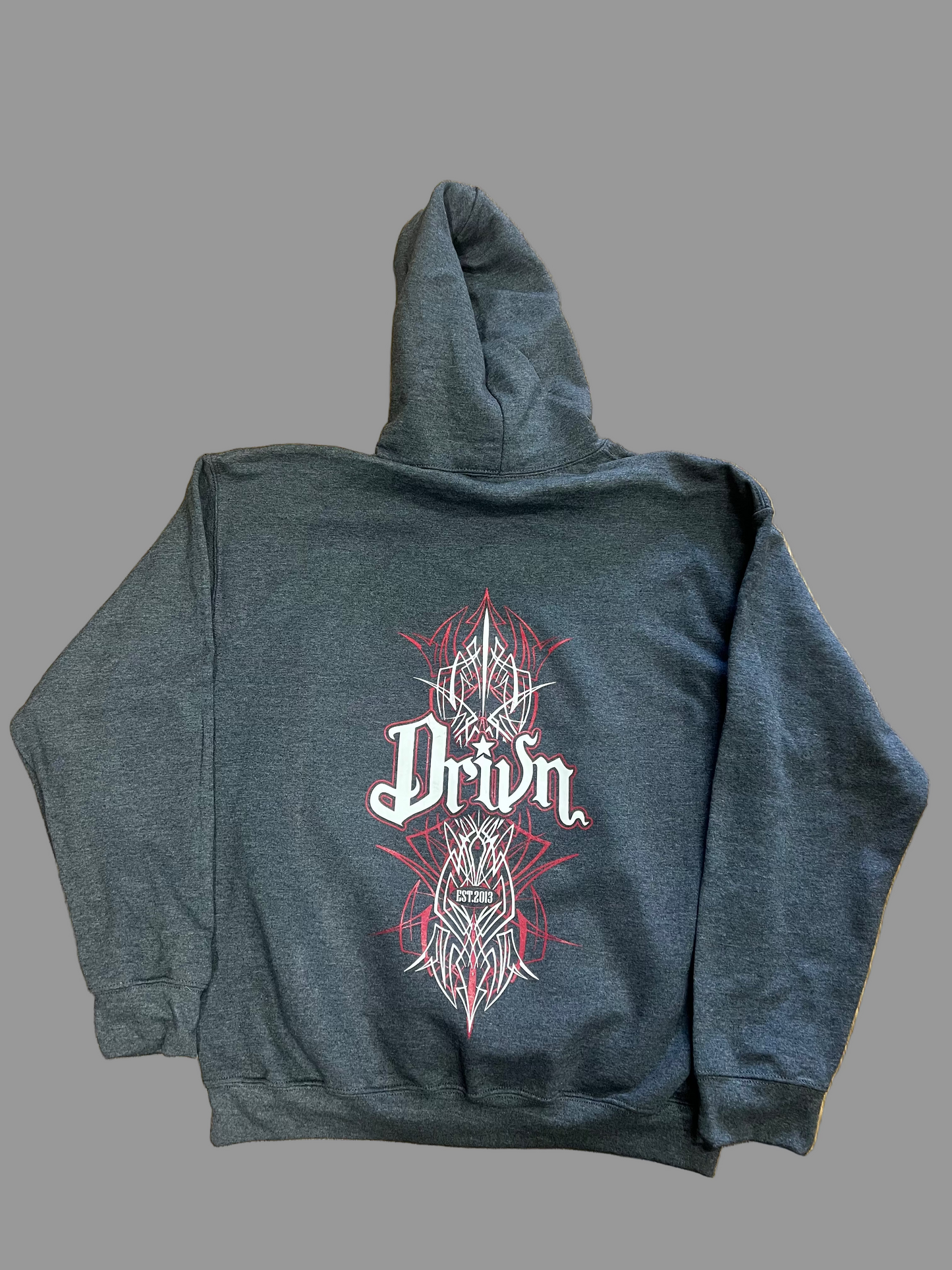 Dark gray hoodie with a white and red design on the back