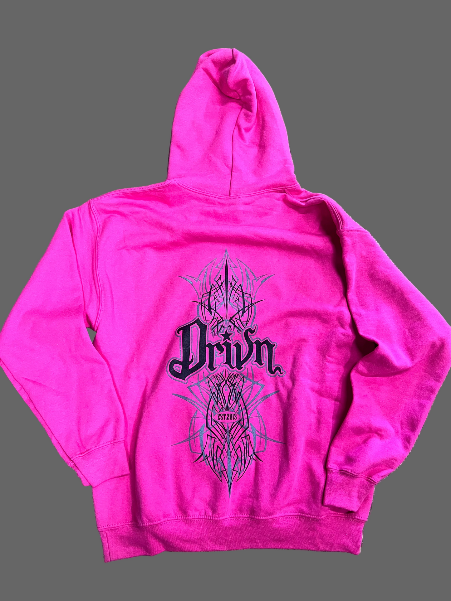 Pink hoodie with black and grey pinstripe design