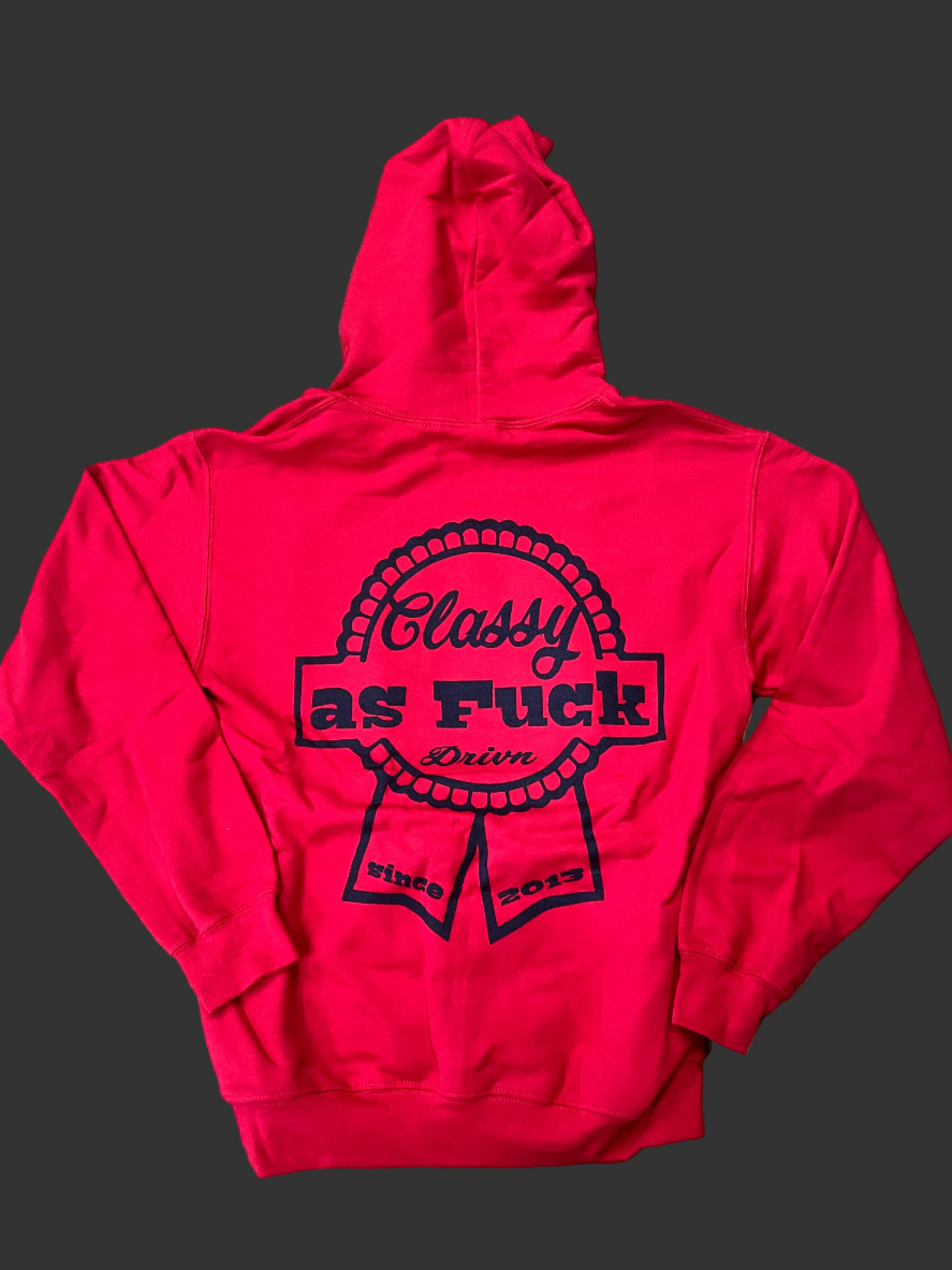 Red hoodie with black graphic design