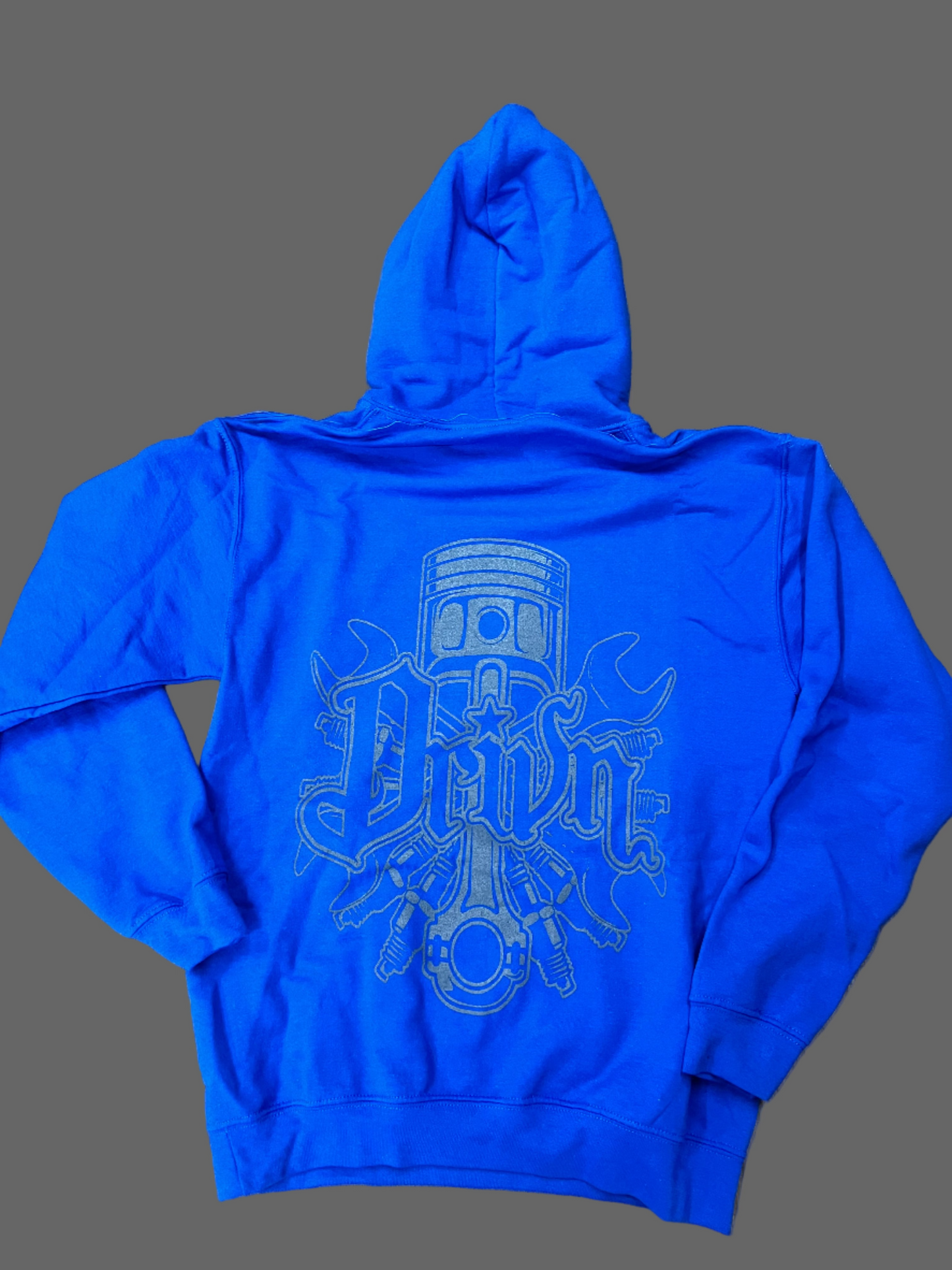 Blue hoodie with a grey piston and wrenches design on back