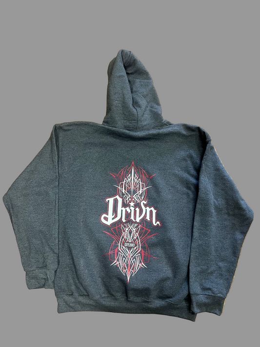 Dark gray hoodie with a white and red design on the back