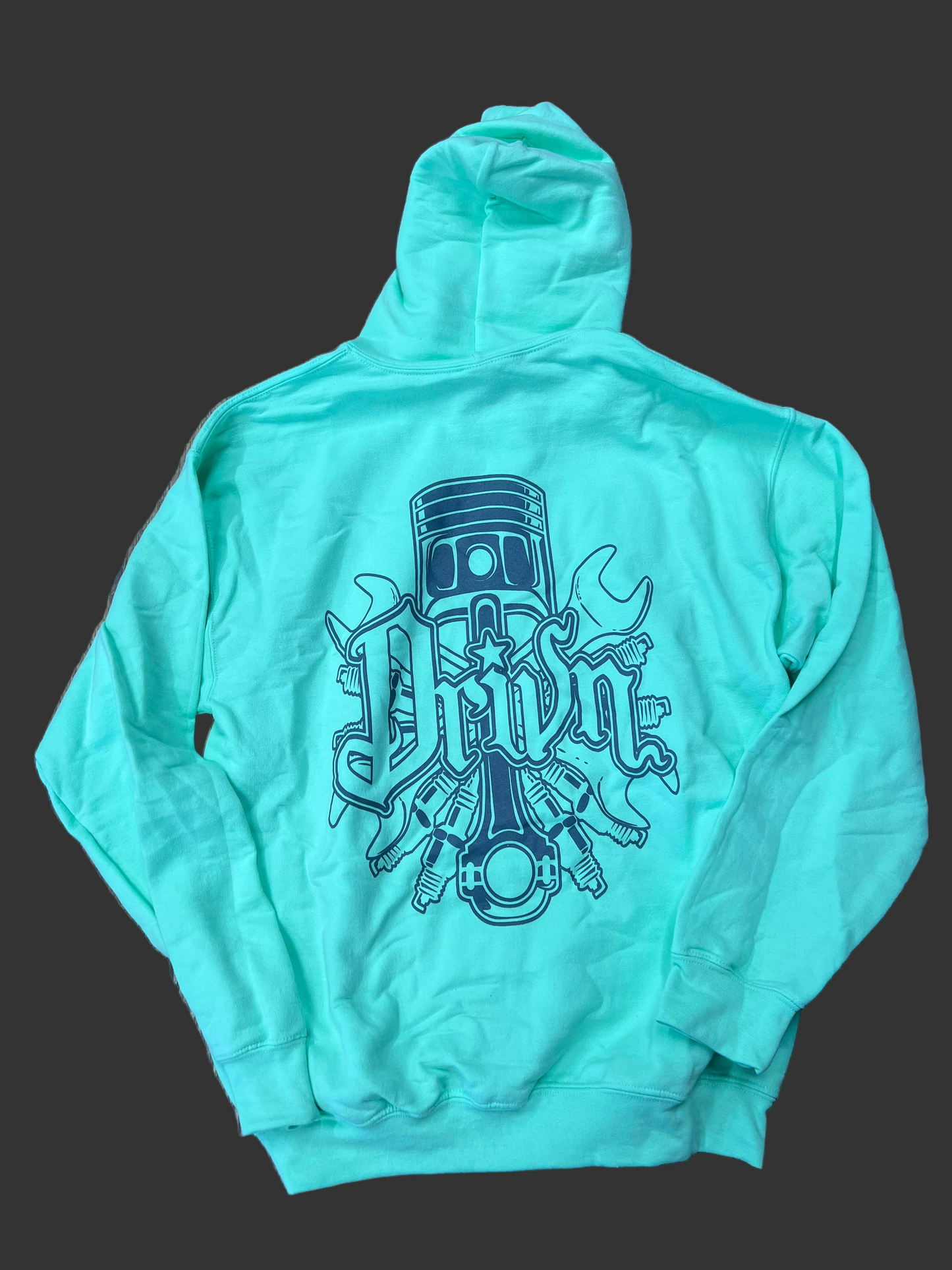 mint hoodie with grey piston and wrench deign on back