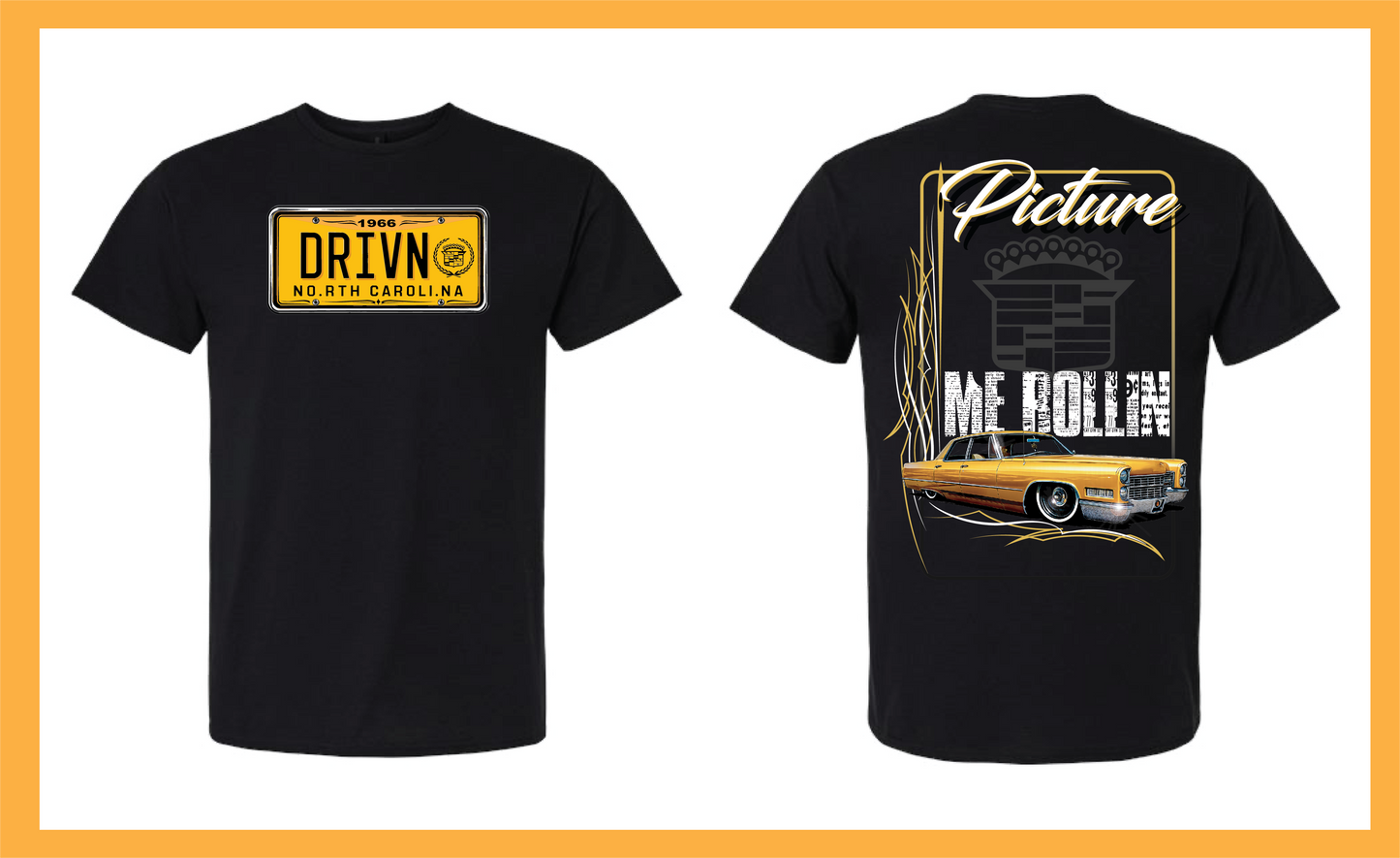 Black t-shirt with yellow and white graphics on a white background
