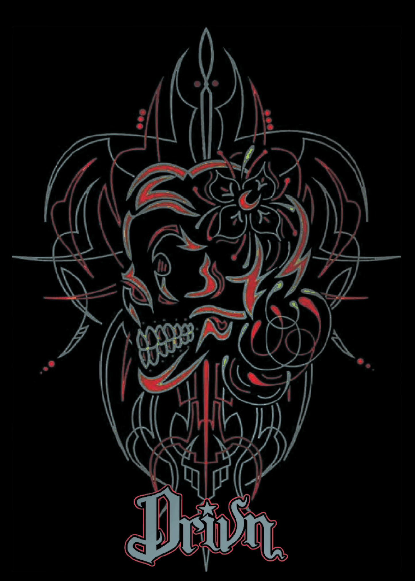 Decorative skull design with intricate patterns and the word 'Drivn' on a black background